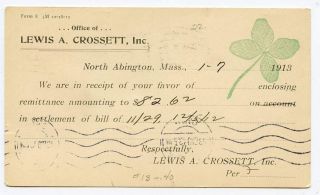 North Abington Ma Crossett Inc 1913 Advertising Card photo