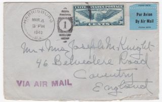 Harrisburg Pa To England 1940 Winged Globe Single Franked Airmail Cover photo