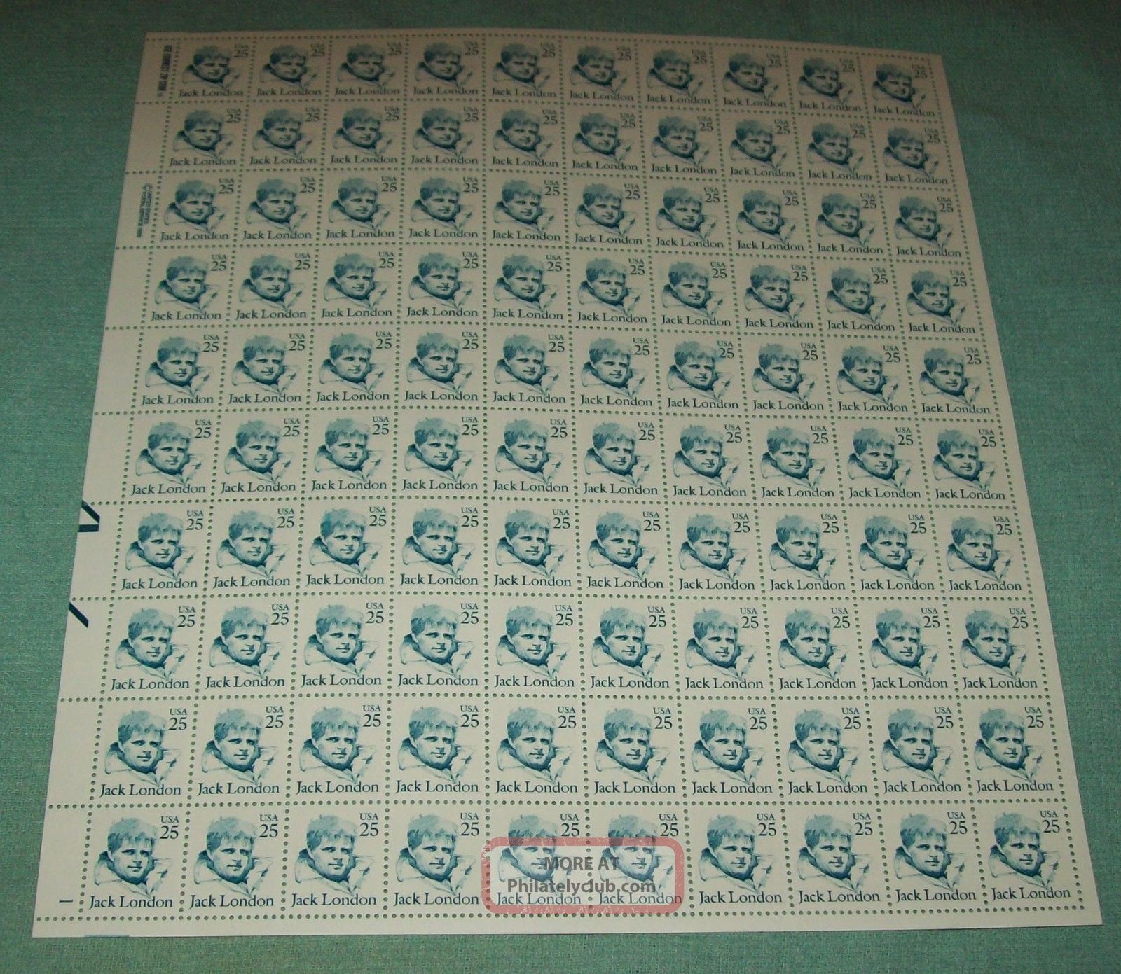 U.  S: 2182 25 - Cent Jack London (1986) Sheet/100 Nh Og United States photo