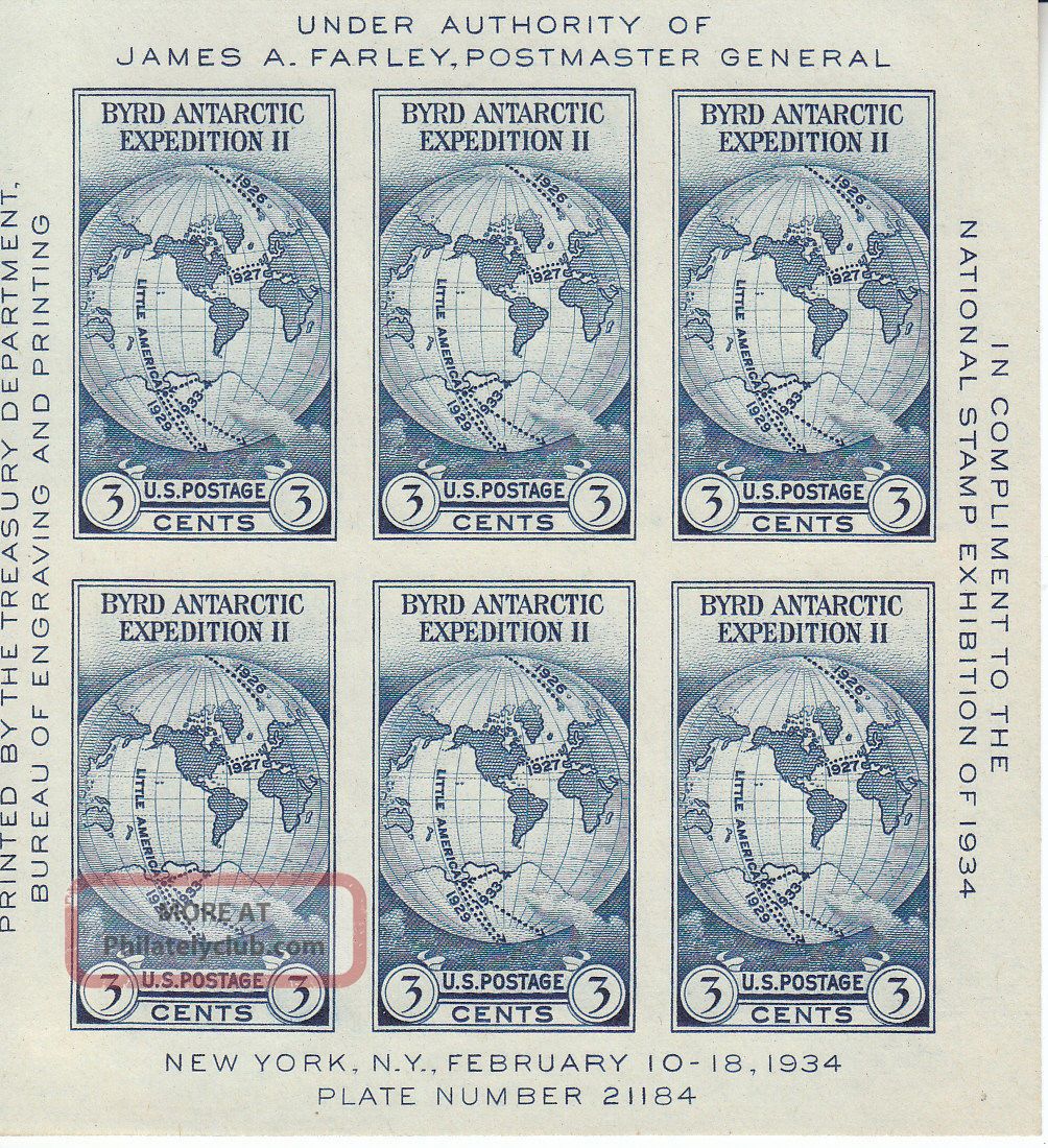 Stamp Us Sc 0735 Sheet 1934 Antarctic Byrd Expedition World Map Expo United States photo