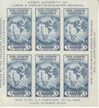 Stamp Us Sc 0735 Sheet 1934 Antarctic Byrd Expedition World Map Expo photo
