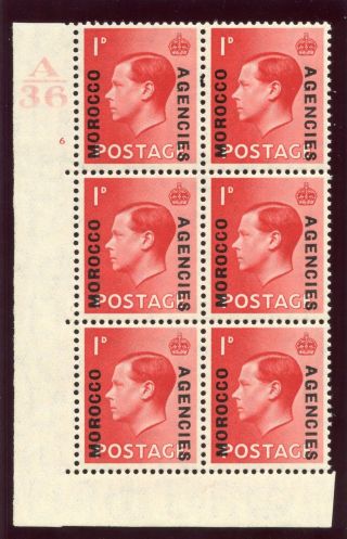 Morocco Agencies 1936 Keviii 1d Scarlet A36 Control Block Of Six Mlh.  Sg 75. photo