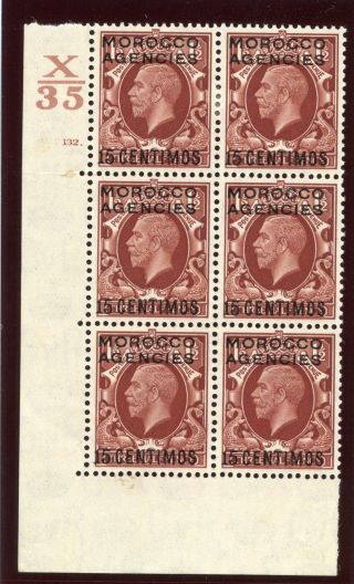 Morocco Agencies 1935 Kgv 15c On 1½d Red - Brown Control Block Of Six Mlh.  Sg 155. photo