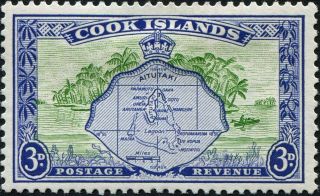 Cook Islands 1961 (qeii) 3d Green And Ultramarine Sg153b Cv £6.  00 F Mh photo