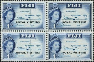 Fiji 1963 (qeii) 1s Light Blue And Blue Sg327 Cv £2.  40+ Block Of 4 photo