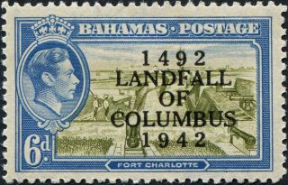 Bahamas 1942 (kgvi) 6d Olive - Green And Light Blue Sg169 Cv £0.  40 F Mh photo