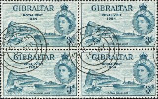 Gibraltar 1954 (qeii) 3d Greenish Blue Sg159 Cv £0.  80+ Vf Unh Block Of 4 photo