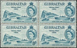 Gibraltar 1954 (qeii) 3d Greenish Blue Sg159 Cv £4.  00+ Vf Block Of 4 photo