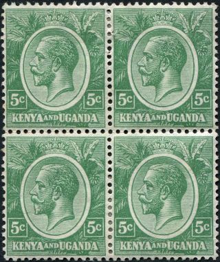 Kenya And Uganda 1927 (kgv) 5c Green Sg78 Cv £8.  00+ Mh Block Of 4 P&p photo