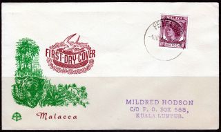 Malaya Malaaca Qeii 10c Brown - Purple On Illustrated Fdc Canc 