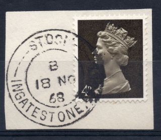 Gb = Postmark - Qe2,  `stock / Ingatestone,  Essex` Thin Arcs.  1968.  4d Machin. photo