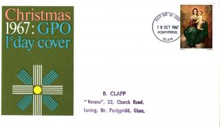 18 October 1967 Christmas 4d Gpo First Day Cover Pontypridd Fdi photo
