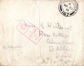 Gb 20 March 1919 World War 1 Soldiers Post Envelope Field Post Office & Censor photo