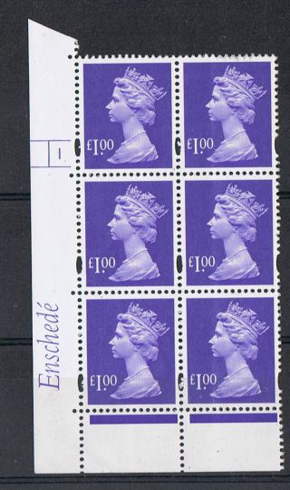 Gb Machin £1.  00 Blue - Violet X 6 Enshede Corner Cylinder Block (1 No Dot) photo