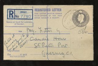 Jersey To Guernsey Kg6 Stationery Registered Envelope 1953. . .  8 1/2d photo