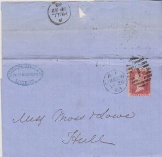Qv Wrapper London Ship Brokers Cachet 1d Stars Penny Red Stamp 1863 To Hull =1= photo