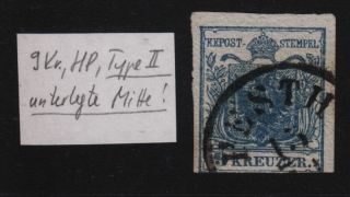 Austria 1850 9kr,  Hp,  Type Ii.  Emphasized Middle Part Pesth Canc. photo