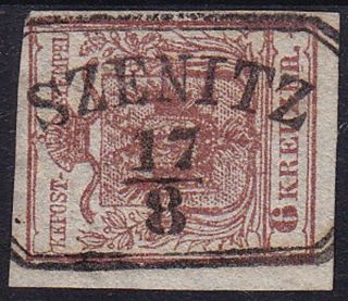 Austria 1850 6kr,  Hp,  Type Iii.  Well Margins.  Szenitz Cancellation. photo