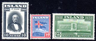 Iceland.  1938 - 44.  University Of Reykjavik 25aur.  Flag 10aur And Sigurdson 10aur. photo
