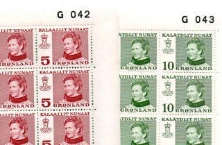 Greenland.  1973 - 78.  Queenn Margrethe Typ I 10öre Sheet No.  G043,  Typ Ii 5öre S photo