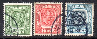 Iceland.  1918.  Two Kings.  5aur.  10aur.  And 20aur.  Perf.  14x14 1/2. .  (3) Fa: photo