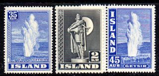 Iceland.  1938 - 47.  Geysir.  35aur And 45aur.  Viking 2kr.  Perf.  11 1/2.  Never photo