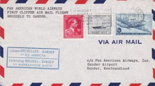 Belgium : Pan American First Flight Cover,  Bruxelles - Gander,  Newfoundland (1946) photo