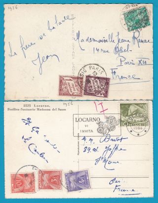 Switzerland 2 Ppc ' S 1936 Ambulant,  1956 Locarno To France With Postage Due photo