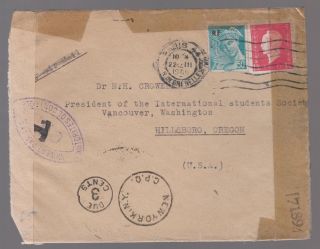 1945 France Dual Censored Cover To Usa Postage Due photo