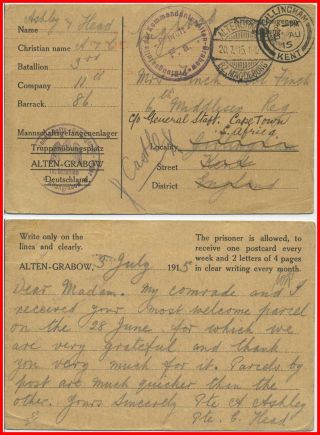 1915 Pow Postal Stationery.  Censored Post Card From British Pow photo