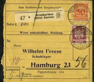 German Dr Paket Card 30+50 Pf Grossharthau 21.  8.  1924 Hamburg photo