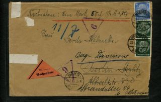 German Dr Nachmahme Cover Magdeburg 28.  6.  1935 Reroute Berg Hnd Stps End Tear photo