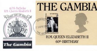 Gambia 1986 Hm The Queen 60th Birthday D10 Minature Sheet On First Day Cover Shs photo