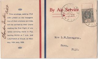 Stamp 1930 Fiji Airlines Souvenir First Flight Cover Lautoka Suva Signed Pilot photo