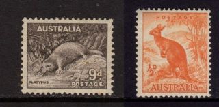 Australia 1943 - 1949,  9d Platypus (sc 174) & 1/2d Kangaroo (sc 166),  Mh photo