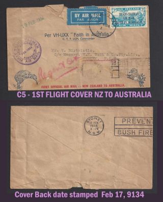 Zealand C5 Cover 1st Official Air Mail Zealand To Australia 2/1934 Stamp photo