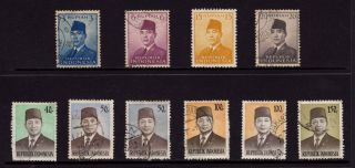 Indonesia,  Sc 392,  394,  396,  397,  901,  903,  912 & 913,  Pres.  Sukarno, photo