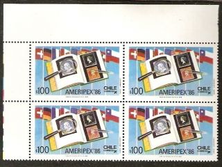 Chile 1986 Stamp 1186 Block Of Four Ameripex Expo Philatelic Sheet Corner photo