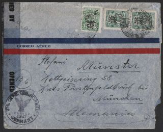 Uruguay 1946 Censored Airmail To Germany Us Zone With 3d And Pair 20c photo