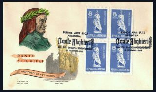 1965 Argentina Dante Alighieri 7th Centenary Of His Birth Block Of 4 Fdc Cover photo