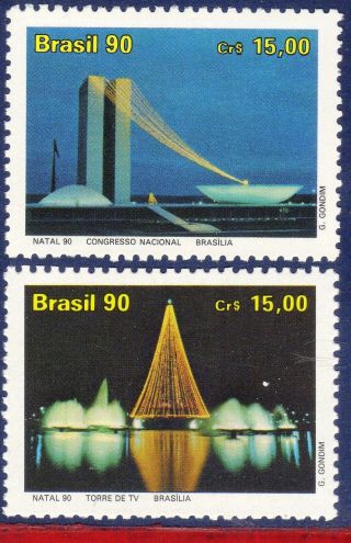 2292 - 93 Brazil 1990 Christmas,  Architecture Of Brasilia,  Lights,  Mi 2390 - 91, photo