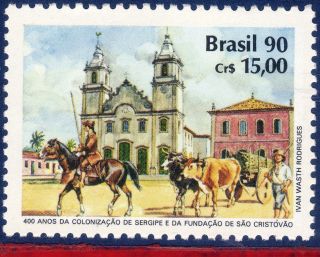 2296 Brazil 1990 Colonization Of Sergipe,  Church,  Horse,  Ox,  Mi 2394, photo