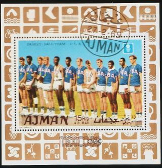 Uae Ajman: 1969 Airmail - Olympics Mexico Usa Basketball Souvenir Sheet Cto photo