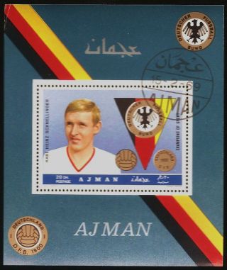 Uae Ajman: 1969 German Soccer (20 Dh - Schnellinger) Souvenir Sheet (cto) photo