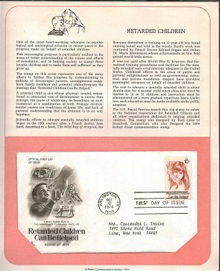 Retarded Children Helped Fdc Cachet,  Issued 1974,  Collectible,  Scott 1549 F28 photo