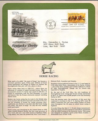 Kentucky Derby 100th Running Fdc Cachet,  Issued 1974,  Collectible,  Scott 1528 F29 photo