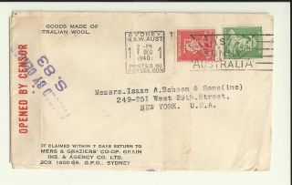 Wwii Censored Cover 7 Dec 1940 Sydney Nsw Australia York / Australian Wool photo