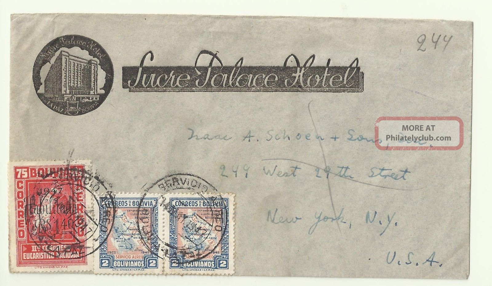 1947 La Paz Sucre Palace Hotel Bolivia Postal Cover Correo Air Mail To York