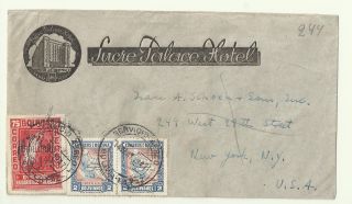 1947 La Paz Sucre Palace Hotel Bolivia Postal Cover Correo Air Mail To York photo