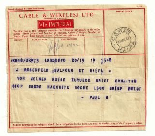 Palestine Telegram Cable And Wireless Ltd Via Imperial Haifa 1947 photo